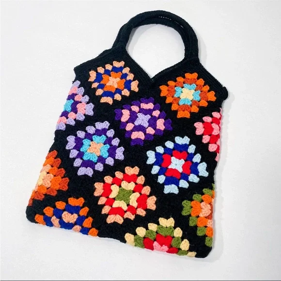Vintage Crochet Rainbow Granny Square Small Tote Bag with Lining and Pocket - Picture 1 of 7
